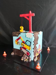 Special construction themed 3rd birthday cake with 3D crane and fondant cutouts - by Embellished Food Art, Lower Hutt, Wellington cake decorator